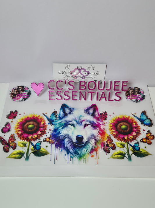 WHITE PAINT SPLASH WOLF WITH SUNFLOWERS #WRAP