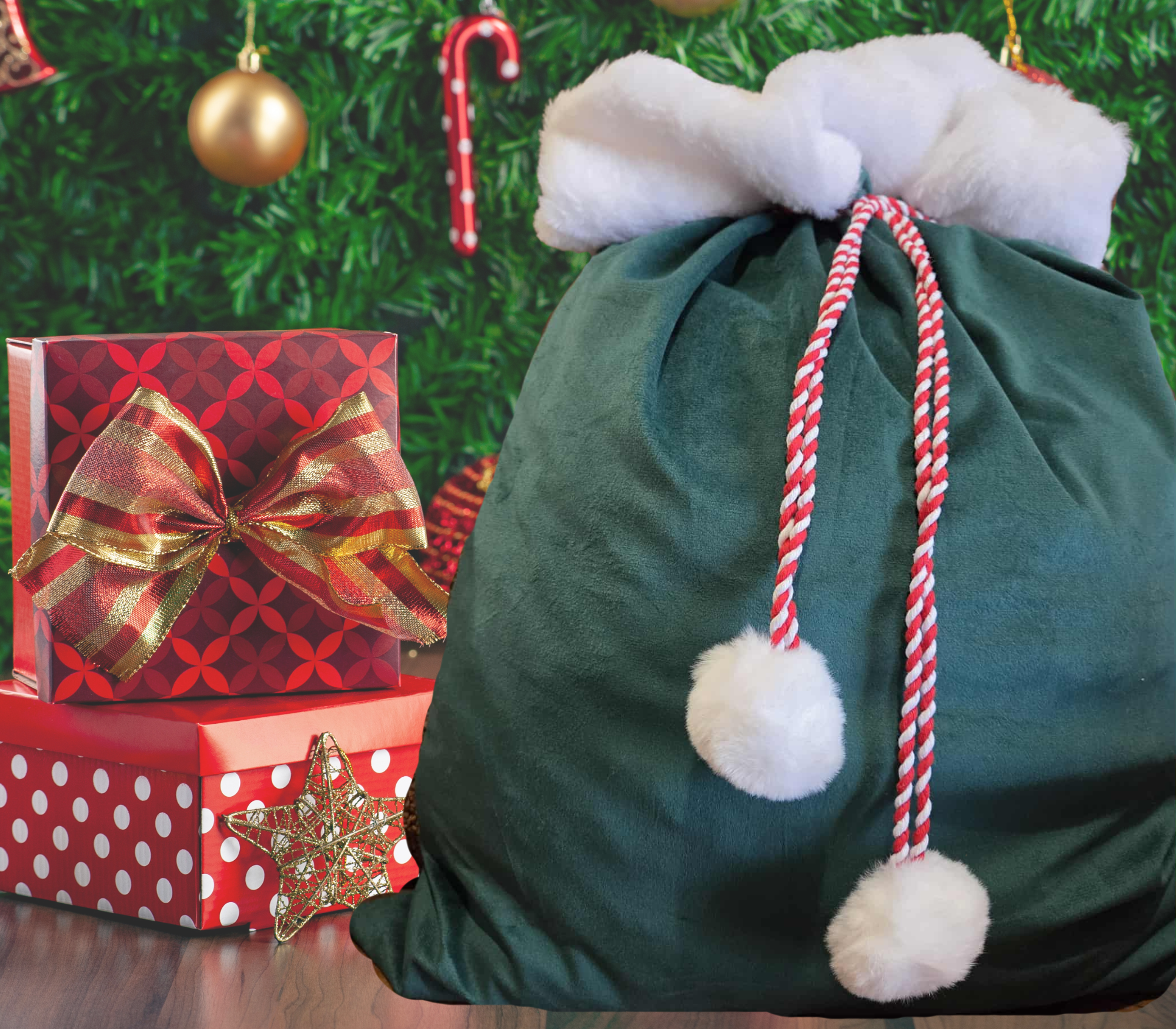 BLANK CHRISTMAS SACK WITH RED/WHITE TIE