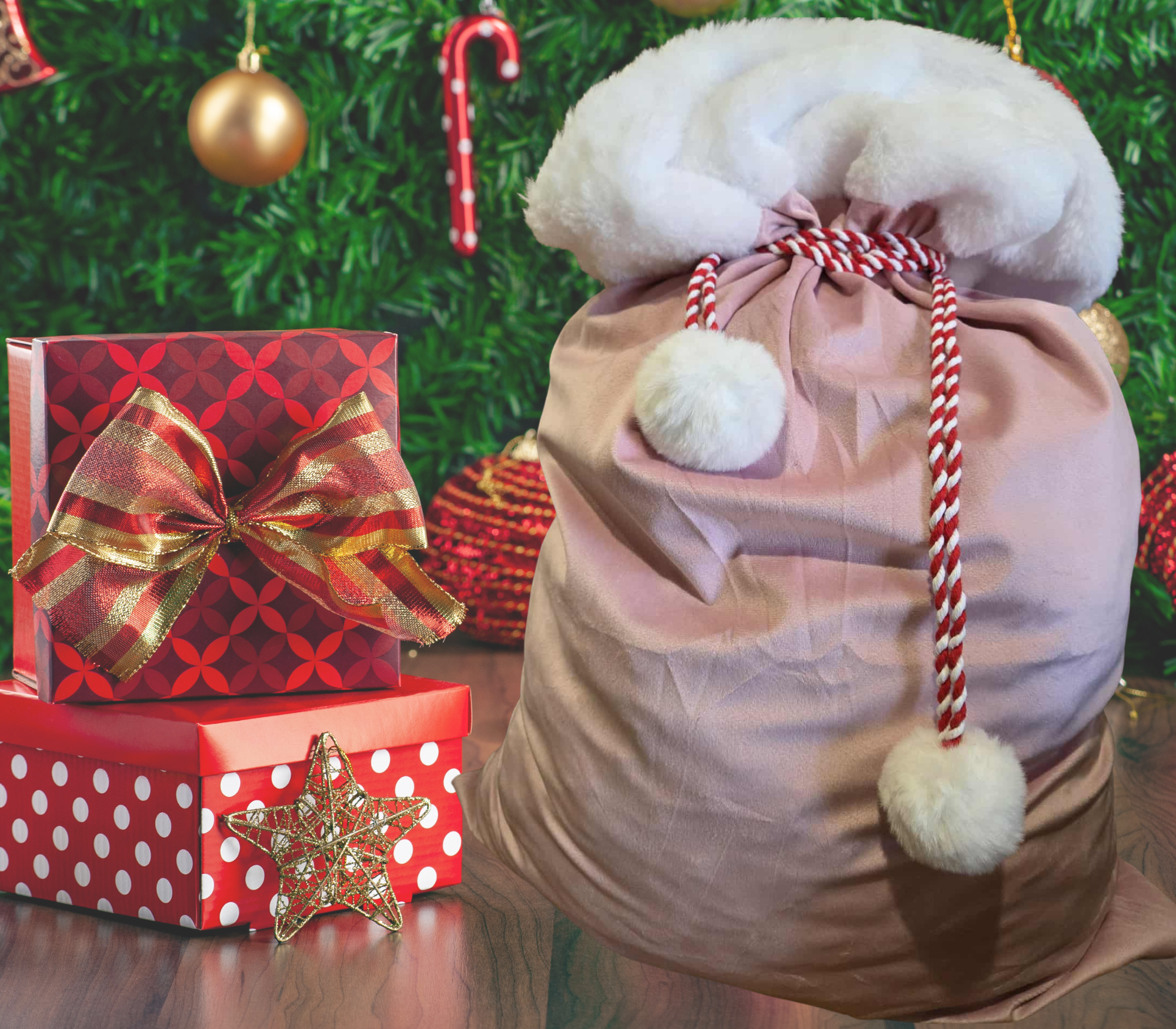 BLANK CHRISTMAS SACK WITH RED/WHITE TIE