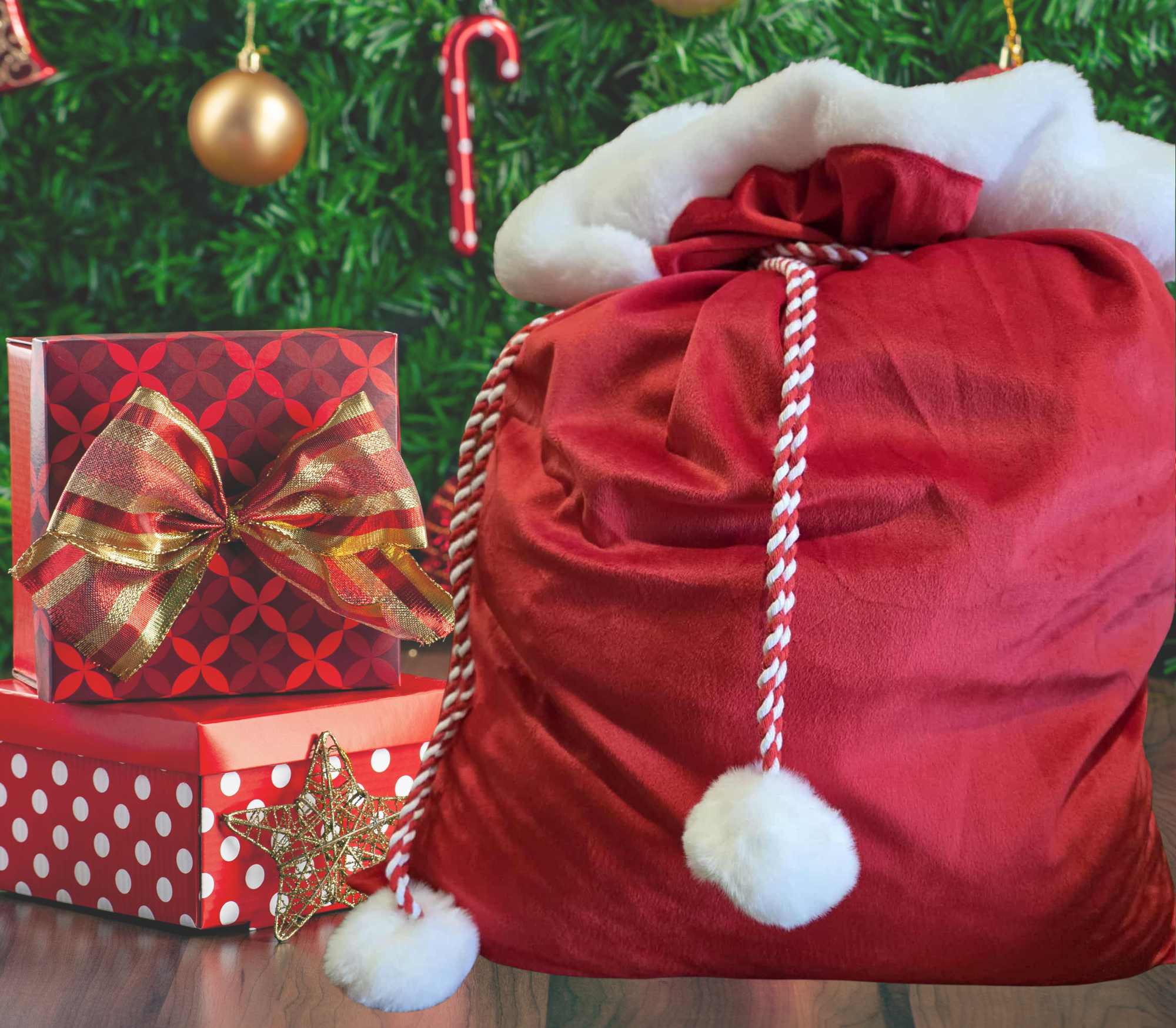 BLANK CHRISTMAS SACK WITH RED/WHITE TIE